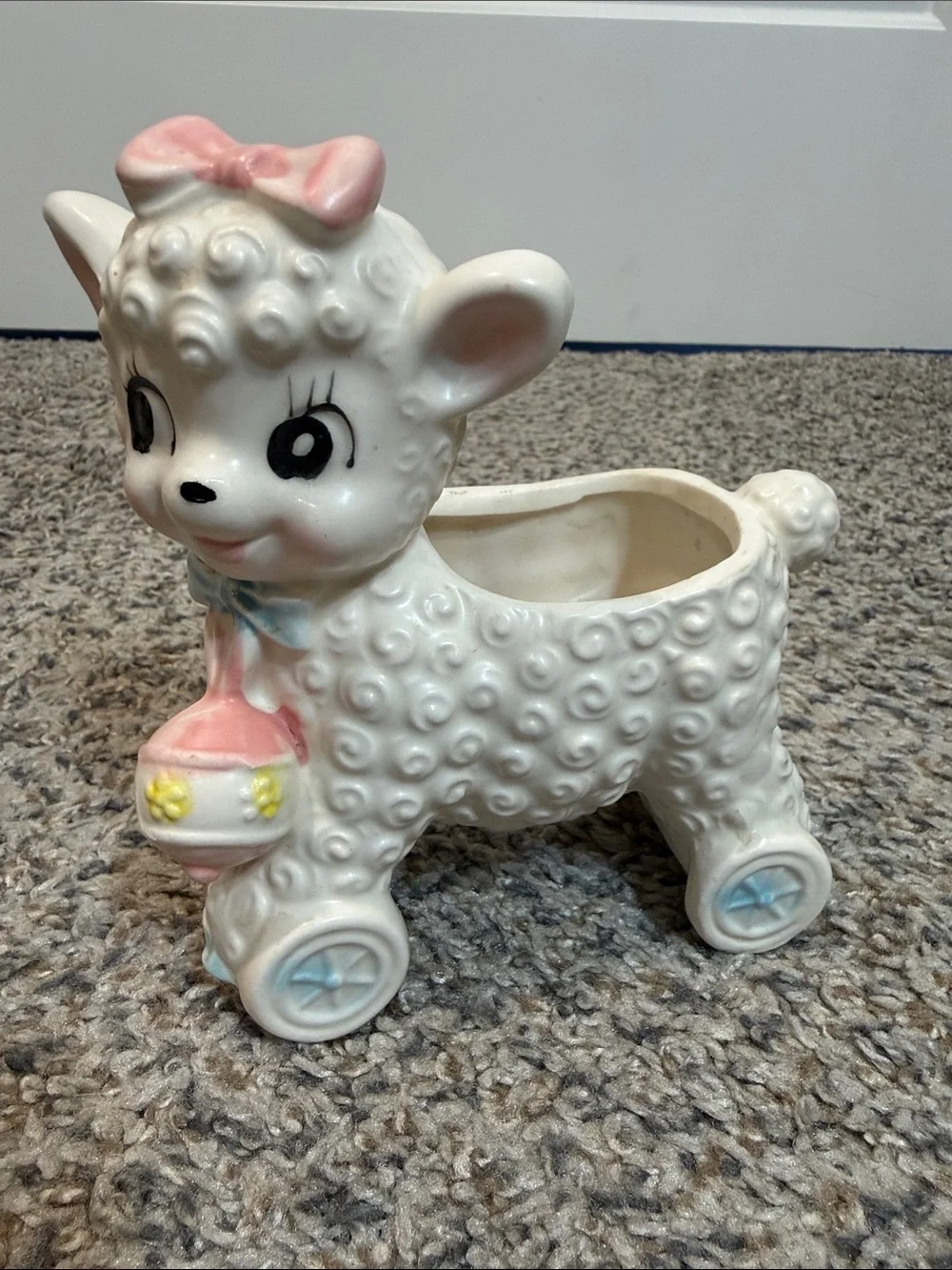 Vtg Baby Lamb on Wheels Bell Planter Art Nursery Pottery Inarco Japan MCM Kitsch
